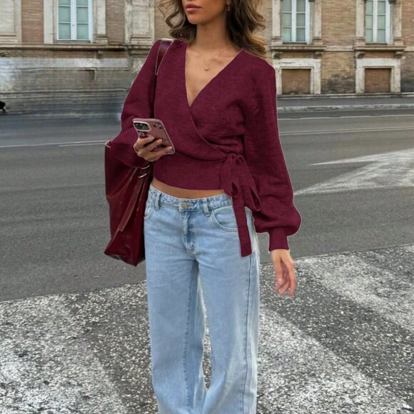 Burgundy Casual Women's Knotted Comfortable & Elegant wrap Cardigan Sweater top - Picture 1 of 4